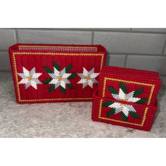 Plastic Canvas Handmade Letter Napkin Holder Christmas Cards Coaster Set Red - Picture 2 of 13